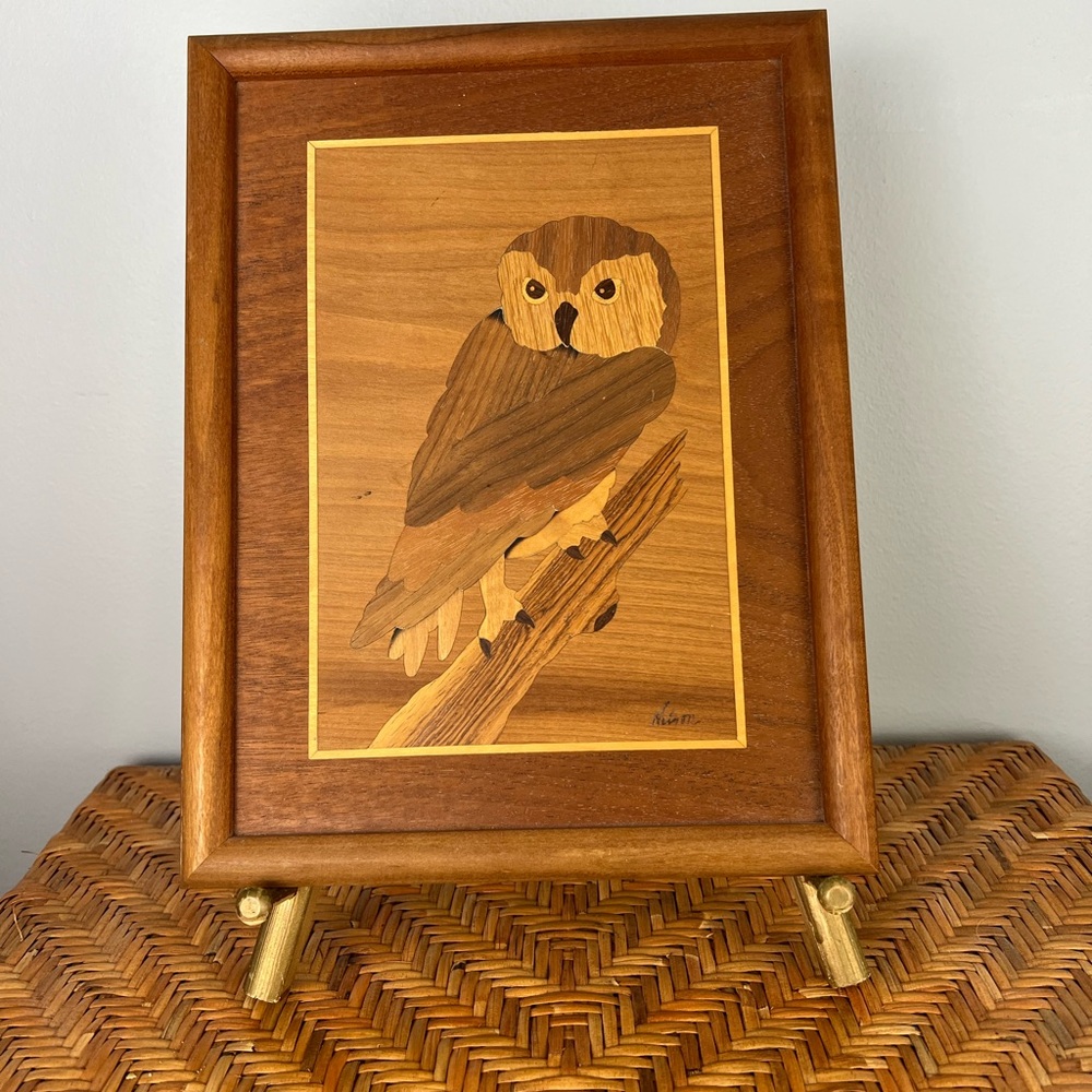 Vintage Inlaid Wood Owl Wall Decor